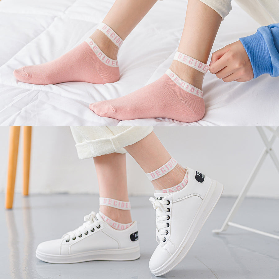 Women's 5 Pairs Lot Cotton Cute Colorful Letter Silk Design Ankle Socks  -  GeraldBlack.com