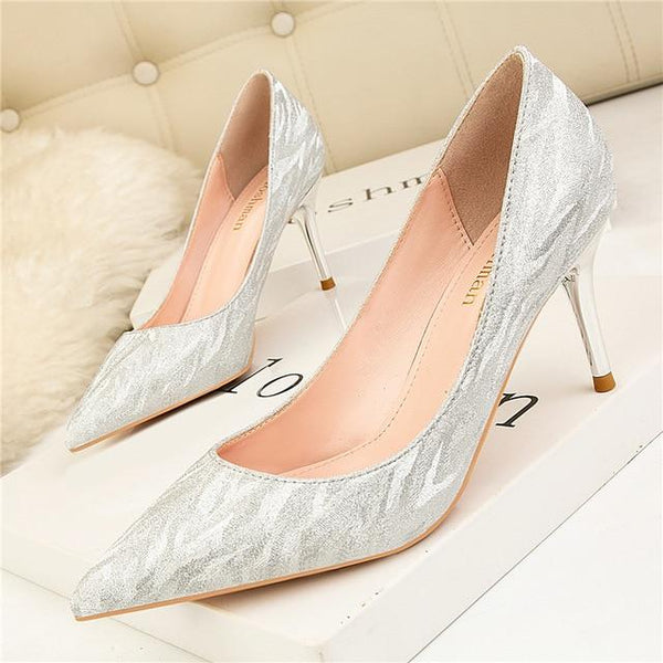 Women's 7cm High Glitter Pumps Purple Silver Gold Thin Heels Scarpins - SolaceConnect.com