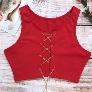 Women's Adjustable Lace Up Red Black White Metal Chain Sleeveless Crop Top - SolaceConnect.com
