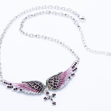 Women's Antique Silver Crystal Angel Wing Cross Choker Necklace Jewelry - SolaceConnect.com