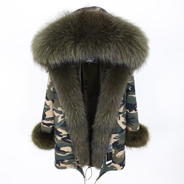 Women's Army Green Color Natural Fox Fur Collared Thick Warm Jacket for Winter  -  GeraldBlack.com