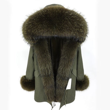 Women's Army Green Natural Racoon Fur Collared Thick Coat Jacket for Winter  -  GeraldBlack.com