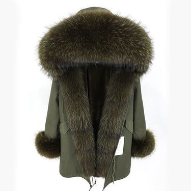 Women's Army Green Natural Racoon Fur Collared Thick Coat Jacket for Winter  -  GeraldBlack.com