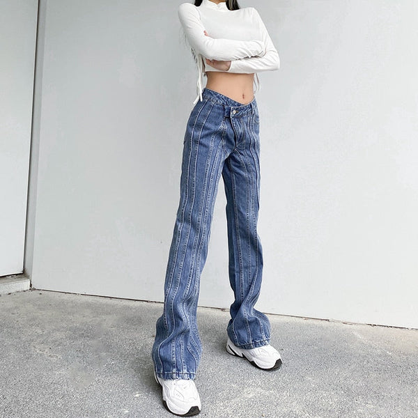 Women's Asymmetrical Stripe Low Waist Jeans Vintage Straight Denim Pants  -  GeraldBlack.com