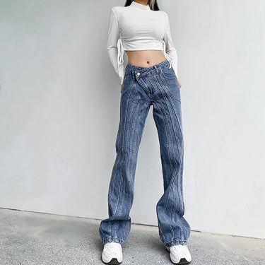 Women's Asymmetrical Stripe Low Waist Jeans Vintage Straight Denim Pants  -  GeraldBlack.com