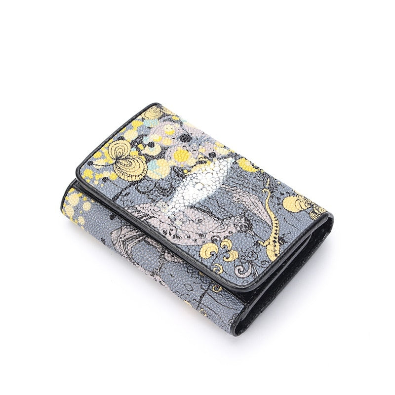 Women's Authentic Stingray Skin Cartoon Painted Card Holder Trifold Wallet  -  GeraldBlack.com