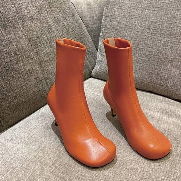 Women's Autumn and Winter Sheepskin Square Toe High Heel Ankle Boots - SolaceConnect.com