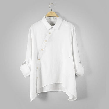Women's Autumn Cotton Linen White Blue Floral Turn-Down Collar Button Shirt - SolaceConnect.com