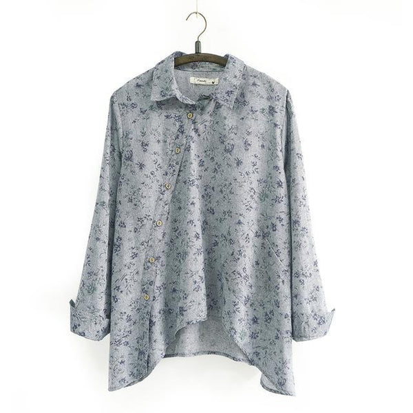 Women's Autumn Cotton Linen White Blue Floral Turn-Down Collar Button Shirt - SolaceConnect.com