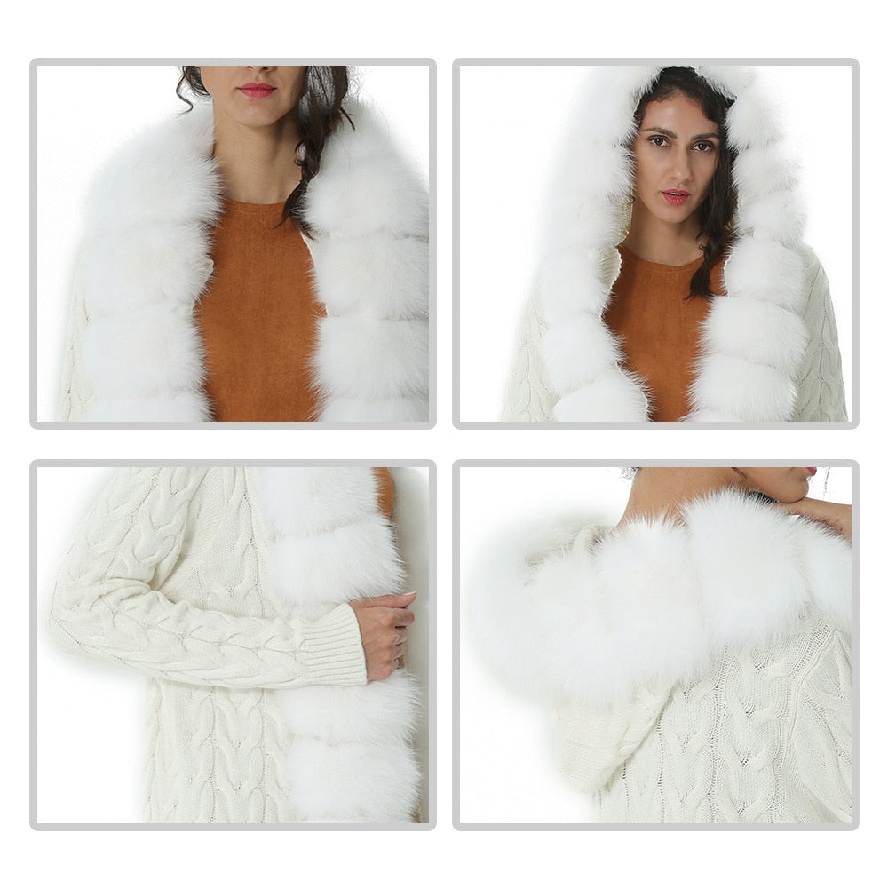 Women's Autumn Fox Fur Hooded Knitted Long Sleeve Cardigan Sweater  -  GeraldBlack.com