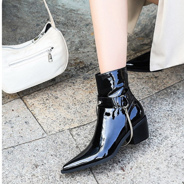 Women's Autumn Patent Leather Pointed Toe Metal Chain Short Designer Boots  -  GeraldBlack.com
