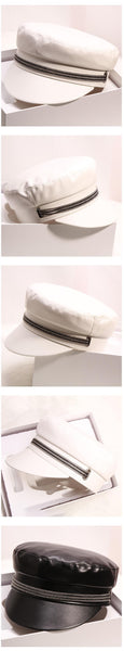 Women's Autumn Winter Retro Solid Colour Leather Flat Top Military Hats - SolaceConnect.com