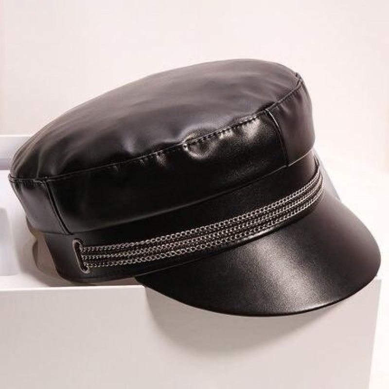 Women's Autumn Winter Retro Solid Colour Leather Flat Top Military Hats  -  GeraldBlack.com
