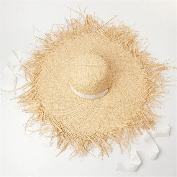 Women's Banded Raffia Straw Oversized Outdoor Beach Hat with Long Ribbon - SolaceConnect.com