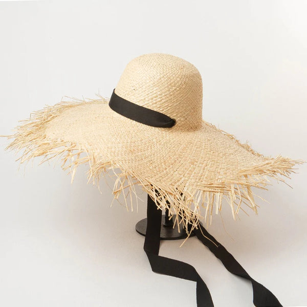 Women's Banded Raffia Straw Oversized Outdoor Beach Hat with Long Ribbon - SolaceConnect.com