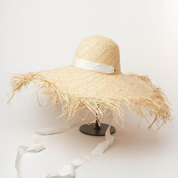 Women's Banded Raffia Straw Oversized Outdoor Beach Hat with Long Ribbon  -  GeraldBlack.com