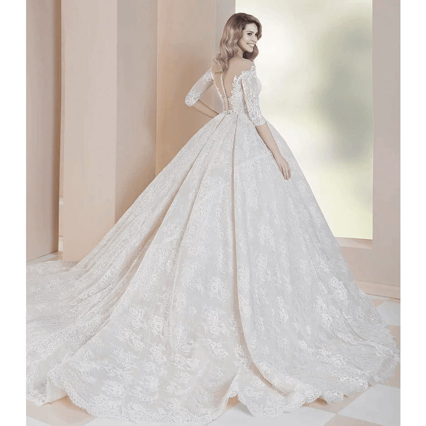 Women's Beaded Lace A Line Chapel Half Sleeves Bridal Wedding Gown Dresses  -  GeraldBlack.com