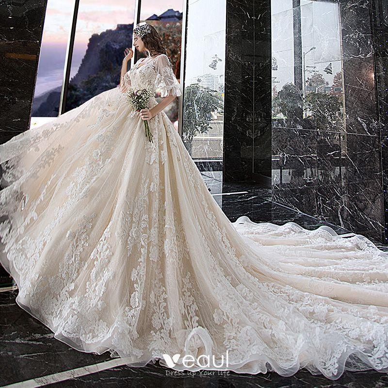 Women's Beaded Lace Half Sleeves V-Neck A-Line Floor-Length Wedding Dress  -  GeraldBlack.com