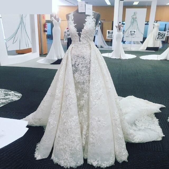 Women's Beaded Lace Sleeveless V-neck A-line Bridal Gowns Wedding Dresses - SolaceConnect.com