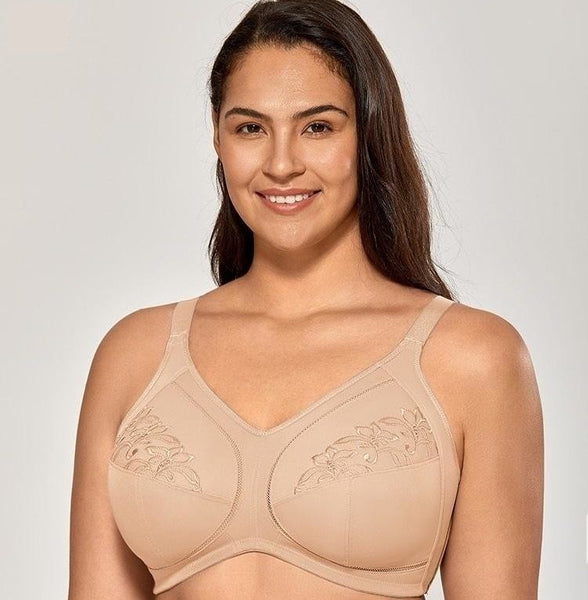 Women's Beige Color Plus Size Full Coverage Embroidered Non-Padded Wirefree Bra  -  GeraldBlack.com