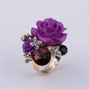 Women's Big Crystal Rose Flower Adjustable Gold Color Ring for Party - SolaceConnect.com