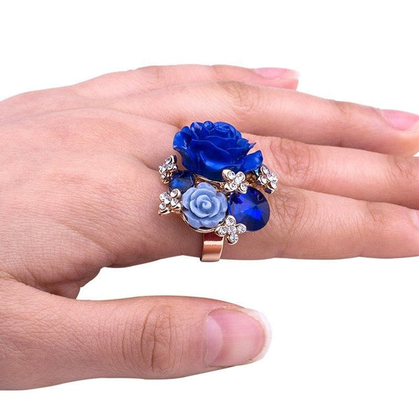 Women's Big Crystal Rose Flower Adjustable Gold Color Ring for Party  -  GeraldBlack.com