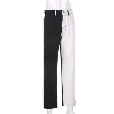 Women's Black and White Patchwork Straight High Waisted Denim Pants  -  GeraldBlack.com