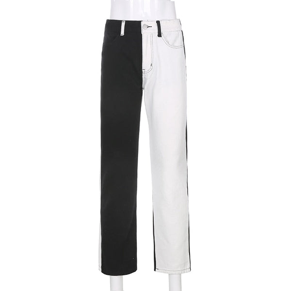 Women's Black and White Patchwork Straight High Waisted Denim Pants  -  GeraldBlack.com