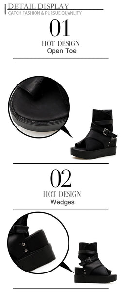 Women's Black Ankle Boots with Peep Toe Buckle and Flat Heels - SolaceConnect.com