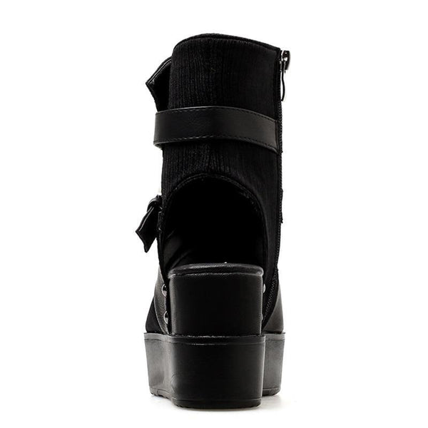 Women's Black Ankle Boots with Peep Toe Buckle and Flat Heels - SolaceConnect.com