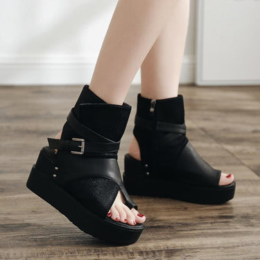 Women's Black Ankle Boots with Peep Toe Buckle and Flat Heels  -  GeraldBlack.com