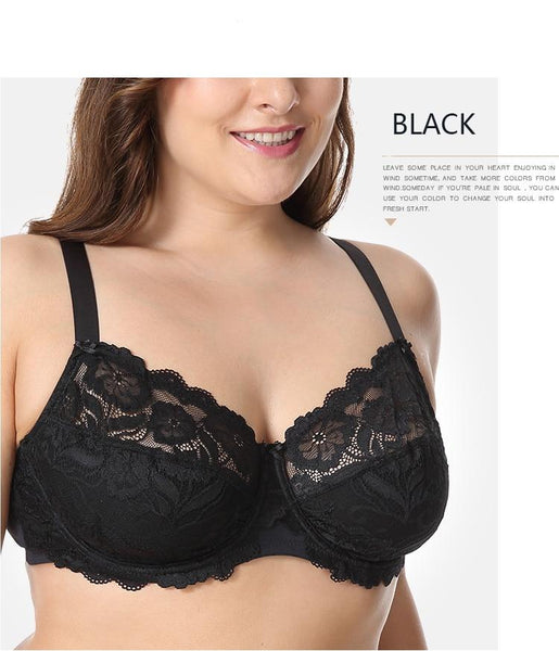 Women's Black Color Plus Size Full Coverage Floral Embroidery Non-Padded Bra - SolaceConnect.com