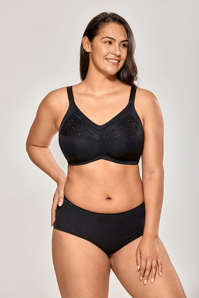 Women's Black Embroidered Lace Full Coverage Wirefree Mastectomy Pocket Bra - SolaceConnect.com