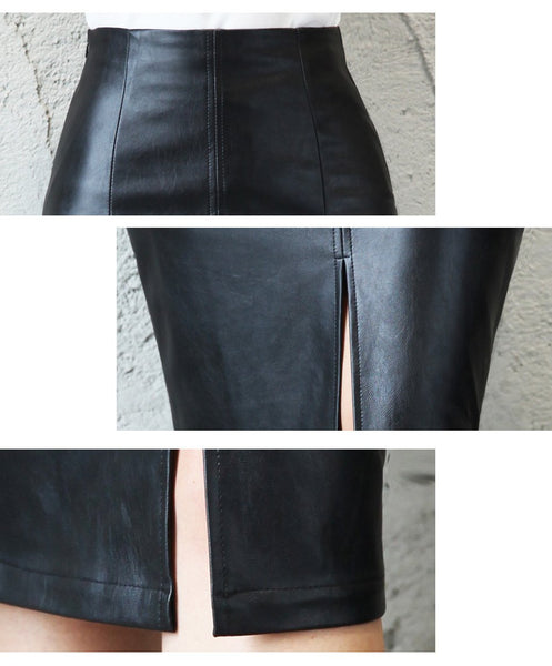 Women's Black Leather Plus Size Midi Pencil Skirt with High Waist - SolaceConnect.com