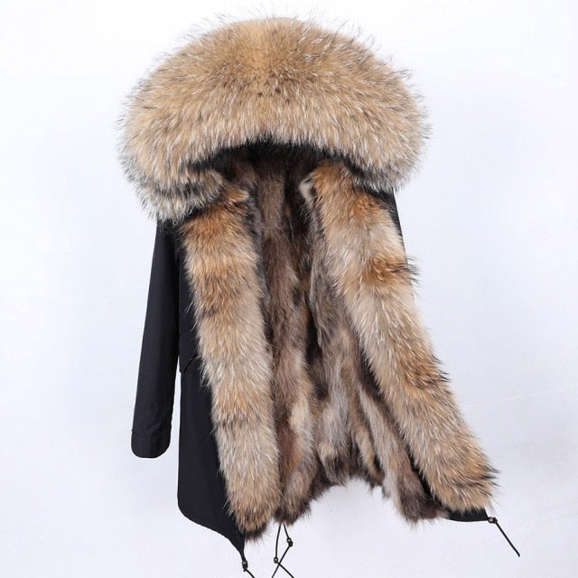 Women's Black Long Jacket with Contrast Natural Raccoon Fur Collar and Hood  -  GeraldBlack.com