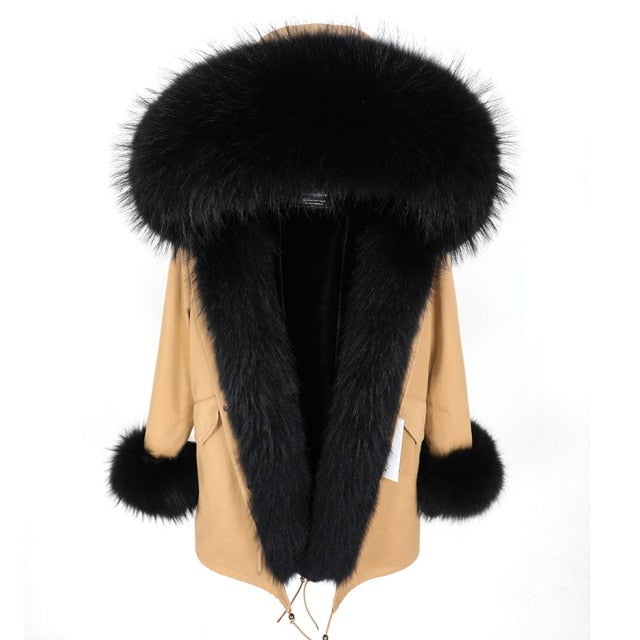 Women's Black Natural Fur Collared Thick and War Parka Jacket for Winter  -  GeraldBlack.com