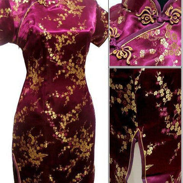 Women's Black Traditional Chinese Satin Mini Flower Dress Size S M L - SolaceConnect.com