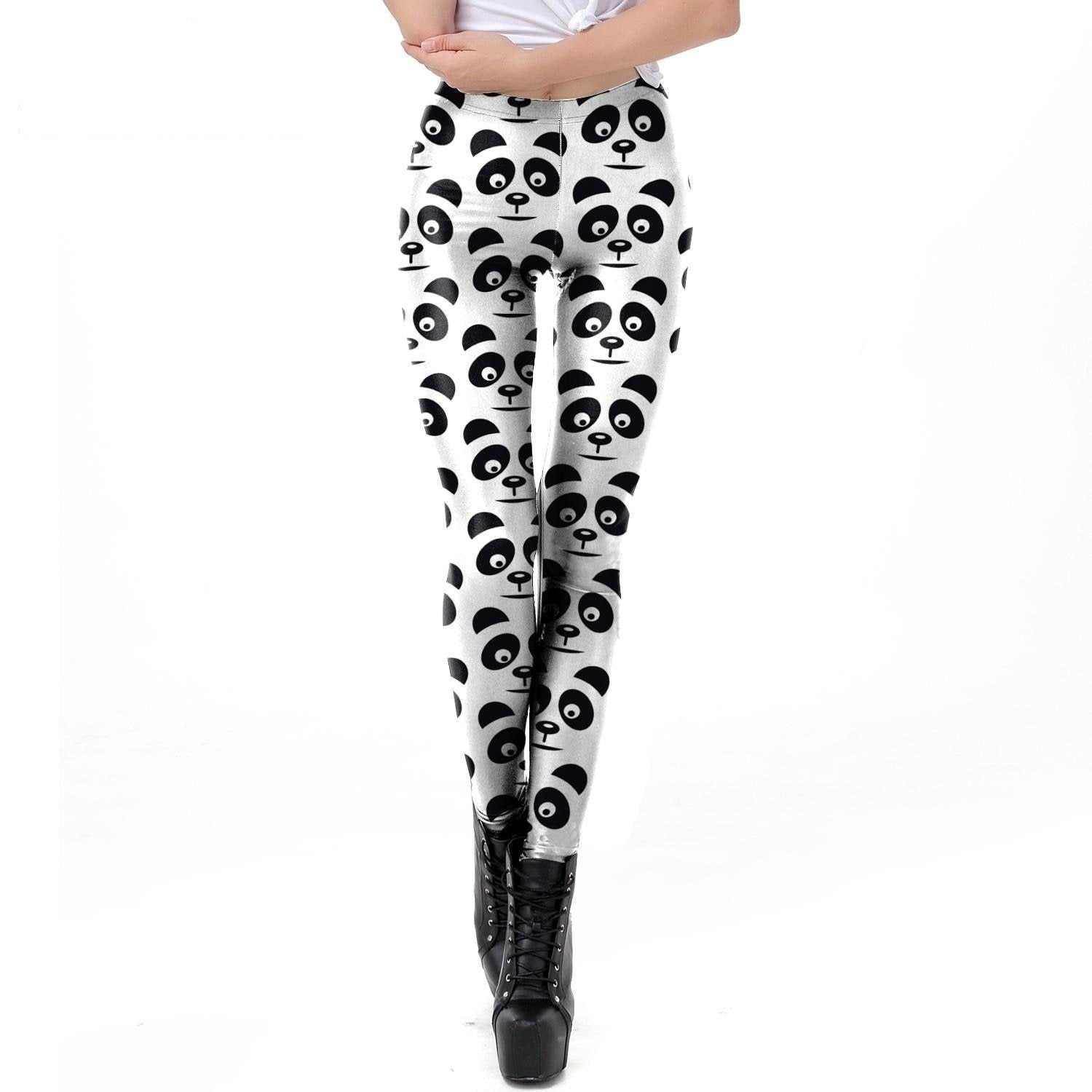 Women's Black White PandaPrinted Workout Slim Elastic Mid Waist Leggings  -  GeraldBlack.com