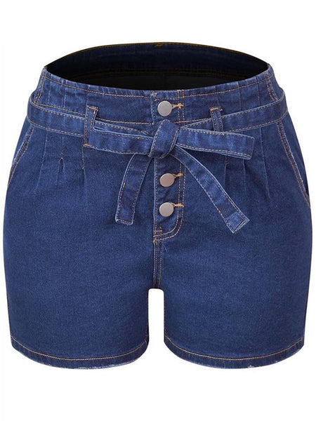 Women's Blue Button Up Stretch Drawstring High Waist Denim Shorts  -  GeraldBlack.com