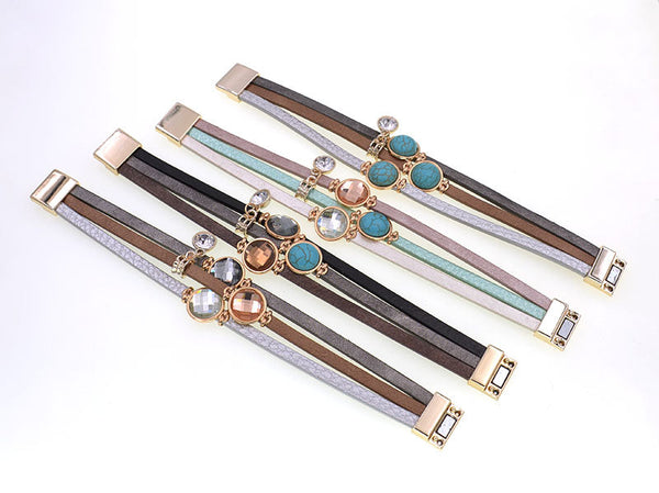 Women's Bohemia Multilayer Wide Charm Glass Leather Bracelets  -  GeraldBlack.com