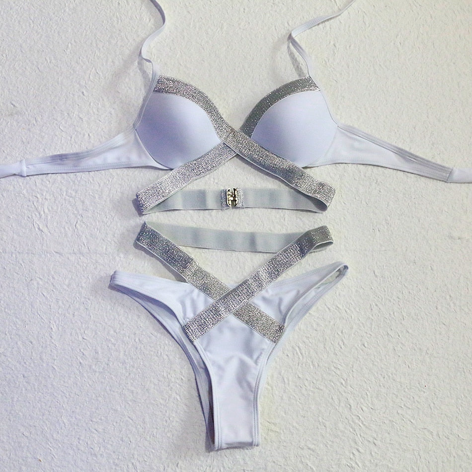Women's Brazilian Swimwear Sexy High Cut Push Up Glitter Bandage Bikini  -  GeraldBlack.com