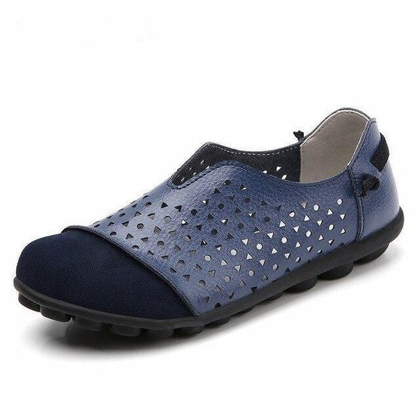 Women's Breathable Genuine Leather Deep Blue Cut-Outs Slip-on Flats Loafers - SolaceConnect.com