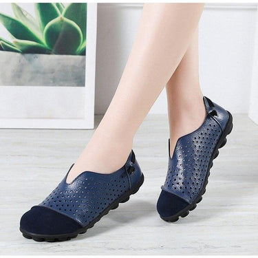 Women's Breathable Genuine Leather Deep Blue Cut-Outs Slip-on Flats Loafers  -  GeraldBlack.com