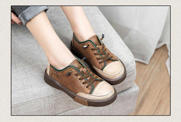 Women's Breathable Genuine Leather Lace-up Casual Flats Sneakers Shoes - SolaceConnect.com