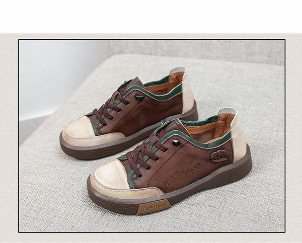 Women's Breathable Genuine Leather Lace-up Casual Flats Sneakers Shoes - SolaceConnect.com