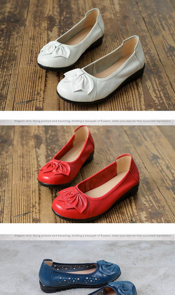 Women's Butterfly knot Genuine Leather Round Toe Casual Flat Shoes  -  GeraldBlack.com