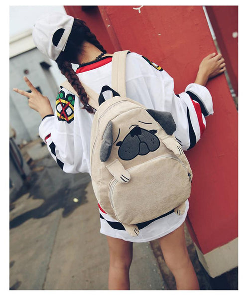 Women's Canvas Cute Dog Fox Ear Embroidery Corduroy Backpack Schoolbag - SolaceConnect.com