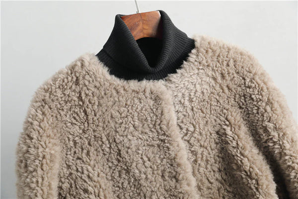 Women's Casual 100% Real Sheep Fur Wide Waist Shearling Coat Jacket  -  GeraldBlack.com