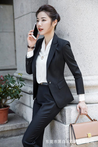 Women's Casual Fashion Formal Black Business Blazer Office Pants Suit Set -  White Shirt / M