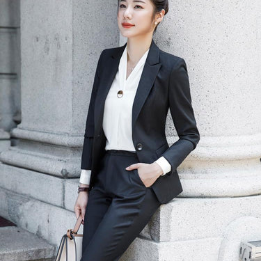 Women's Casual Fashion Formal Black Business Blazer Office Pants Suit Set -  White Shirt / M
